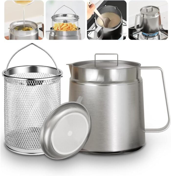 68oz Stainless Steel Oil Filter Pot, 2.0L Large Capacity Versatile Oil Filter Vessel, Heavy Duty Stainless Steel Bacon Grease Container with Fine Mesh Oil Filter, Fry Basket and Lid, for Kitchen
