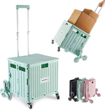 Foldable Utility Cart with Stair Climbing Wheels, Collapsible Rolling Crate with Telescoping Handle, Folding Shopping Trolley Handcart Grocery Book File Tool Teacher Storage Basket (Black)