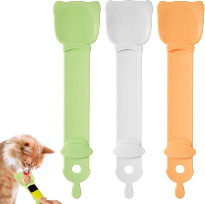 3-pack Cat Strip Feeders (Cute Cat Head Shaped 2-in-1 Dispenser & Spoon)