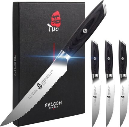 TUO Steak Knives – 4 Piece Steak Knife Set, Serrated Edge Steak Knives 5 inch Kitchen Knife – German High Carbon Stainless – Full Tang Pakkawood Handle – Falcon Series with Gift Box
