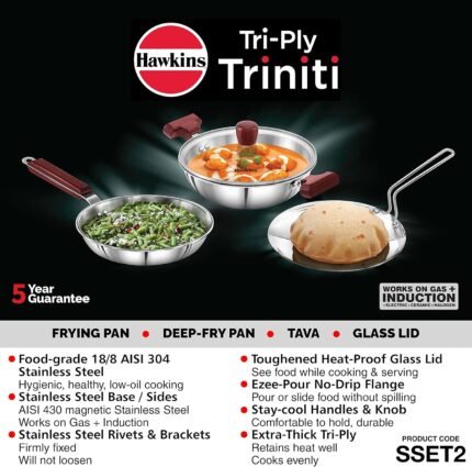 Hawkins Triniti 3 Pieces Triply Stainless Steel Cookware Set 2 – Frying Pan, Tava, Deep-Fry Pan with Glass Lid, Silver (SSET2)