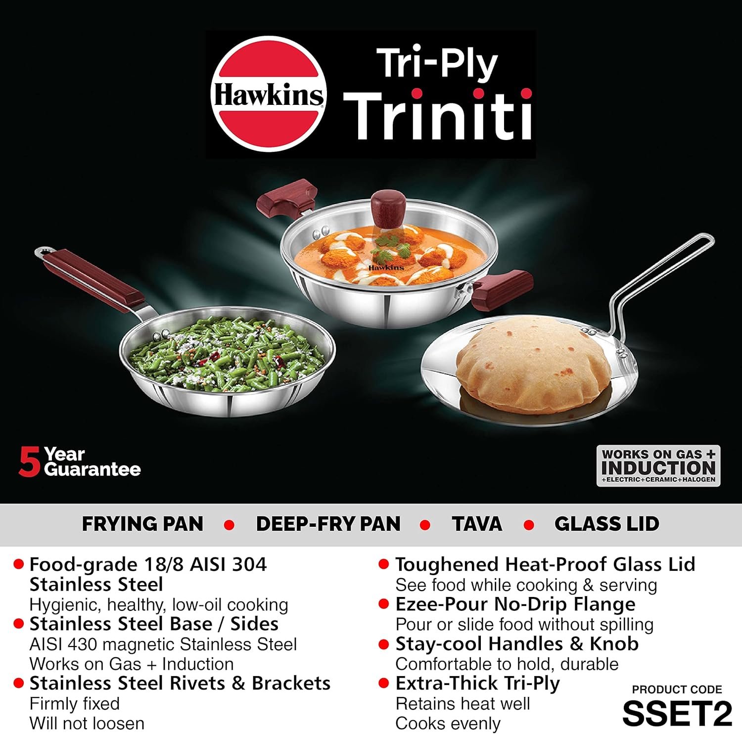 Hawkins Triniti 3 Pieces Triply Stainless Steel Cookware Set 2 – Frying Pan, Tava, Deep-Fry Pan with Glass Lid, Silver (SSET2) Hawkins Triniti 3 Pieces Triply Stainless Steel Cookware Set 2 – Frying Pan, Tava, Deep-Fry Pan with Glass Lid, Silver (SSET2)