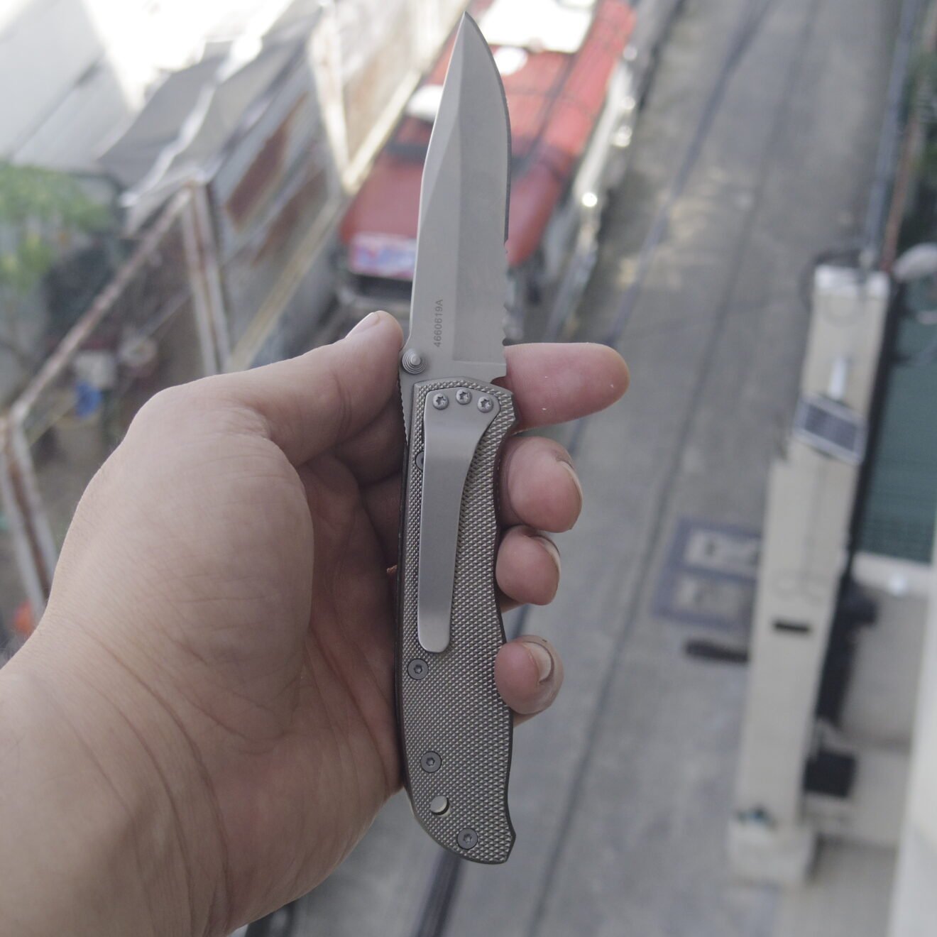 Gerber Air Ranger opened from the clip side showing the clip, grip and 7Cr17MoV blade