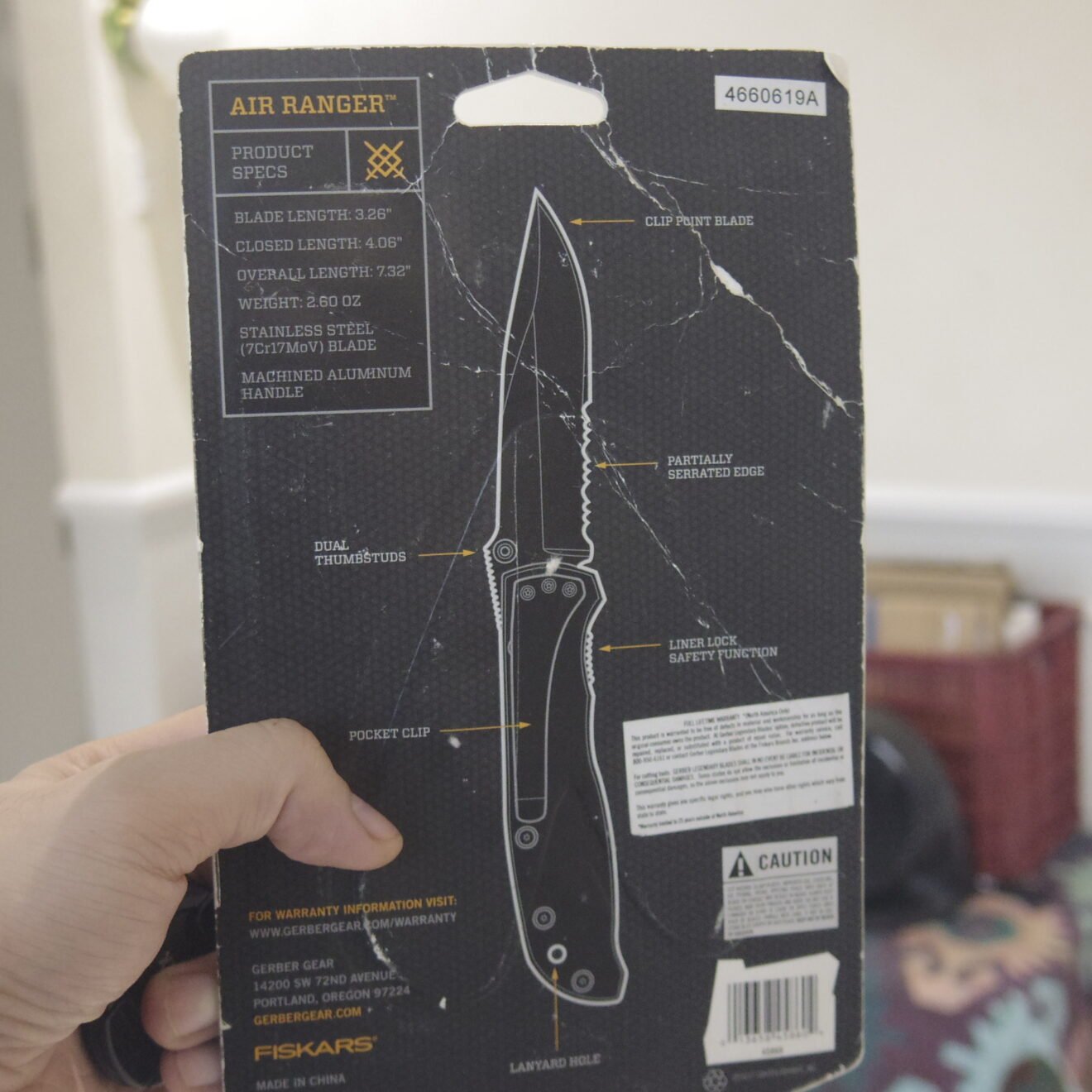 Gerber Air Ranger packaging details and labeled components held in hand