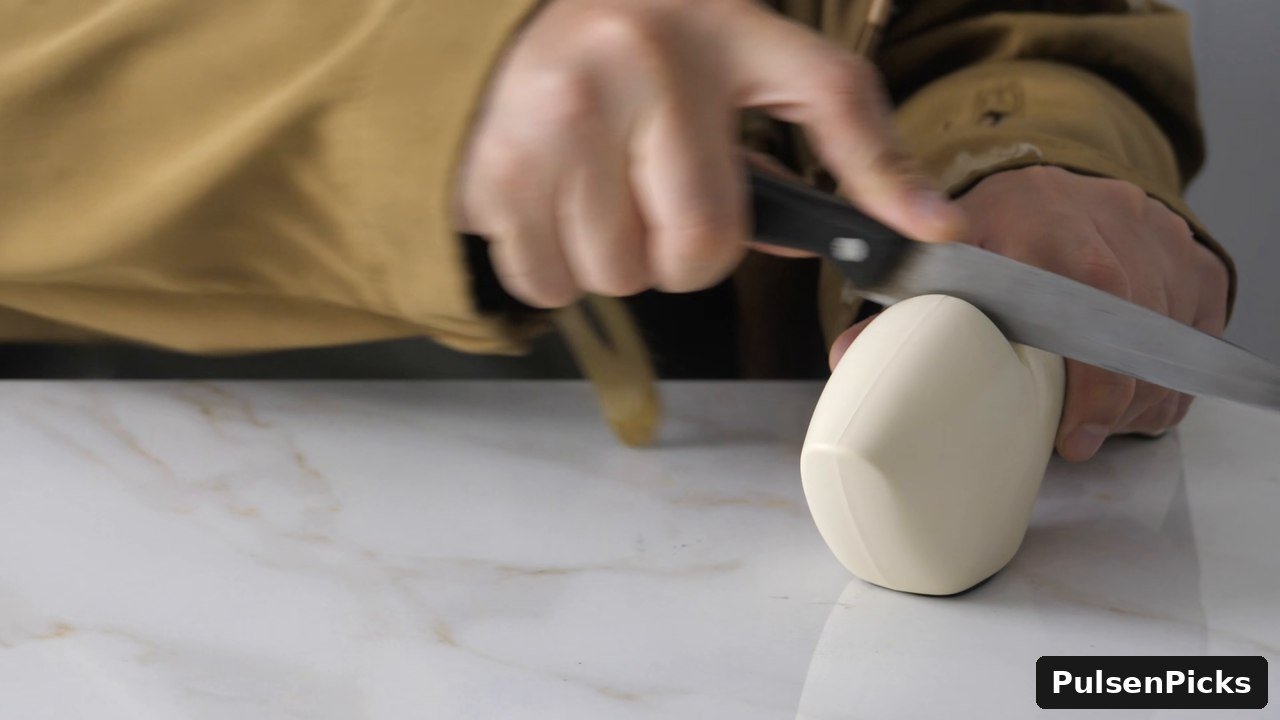 Placing kitchen knife into sharpener slot